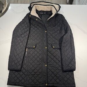 Lauren Ralph Lauren Black Quilted Hooded Coat with Gold Accents
